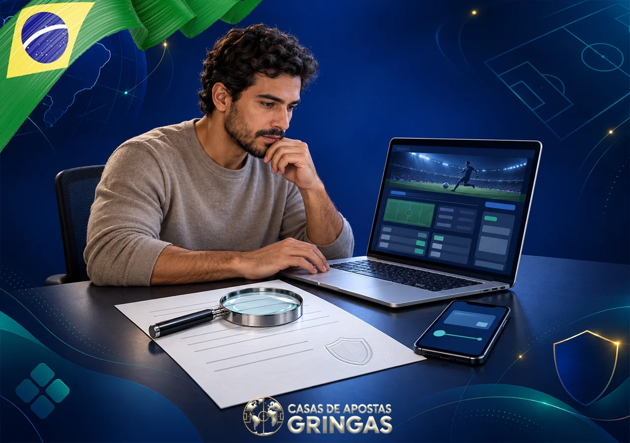 Um apostador confere os dados no notebook com lupa, celular e formulário